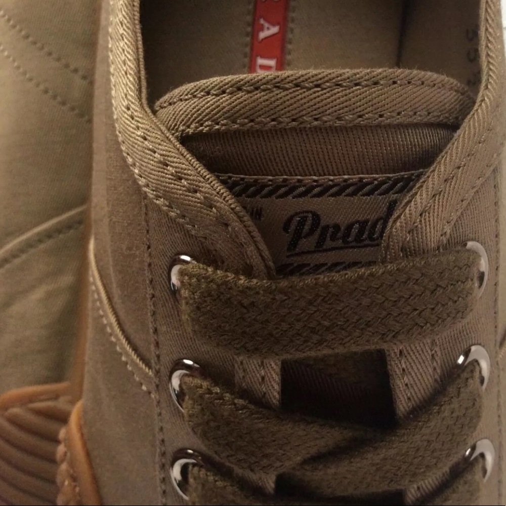 Prada New Sz.35.5 Gaberdine Khaki Lace up Sneaker - Picture 9 of 14